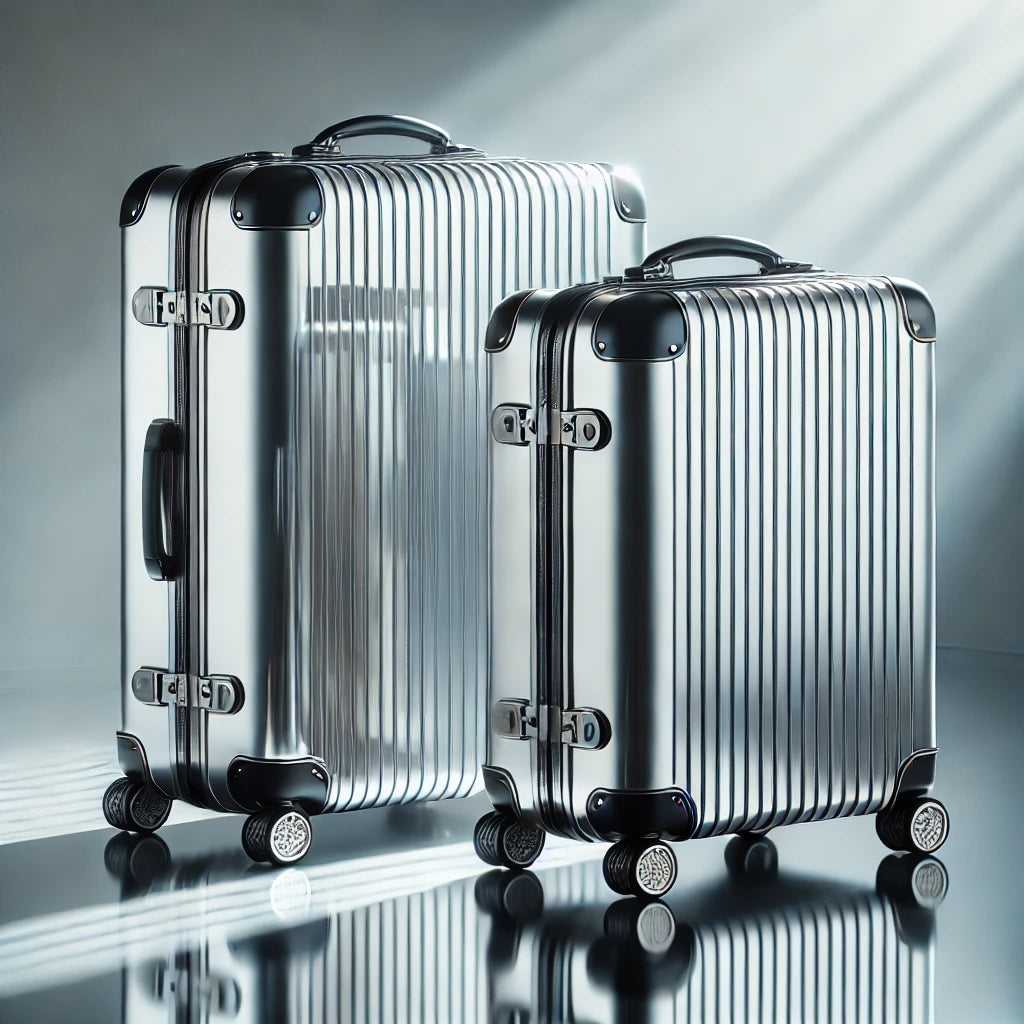 Two polished aluminum suitcases standing on a clean, minimalist surface with soft natural lighting, highlighting their sleek design, reinforced corners, and premium quality. A perfect representation of durable and stylish travel gear