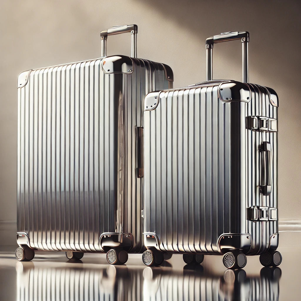 Two sleek aluminum suitcases with polished silver finishes standing on a minimalist surface, highlighted by soft natural lighting. A modern and durable travel gear aesthetic, perfect for premium travelers