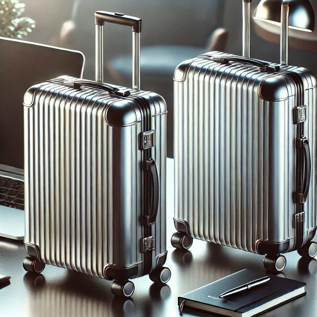 Two sleek aluminum suitcases positioned on a modern desk with a laptop and notebook in the background. The polished finishes and functional design emphasize professionalism and practicality for business travelers