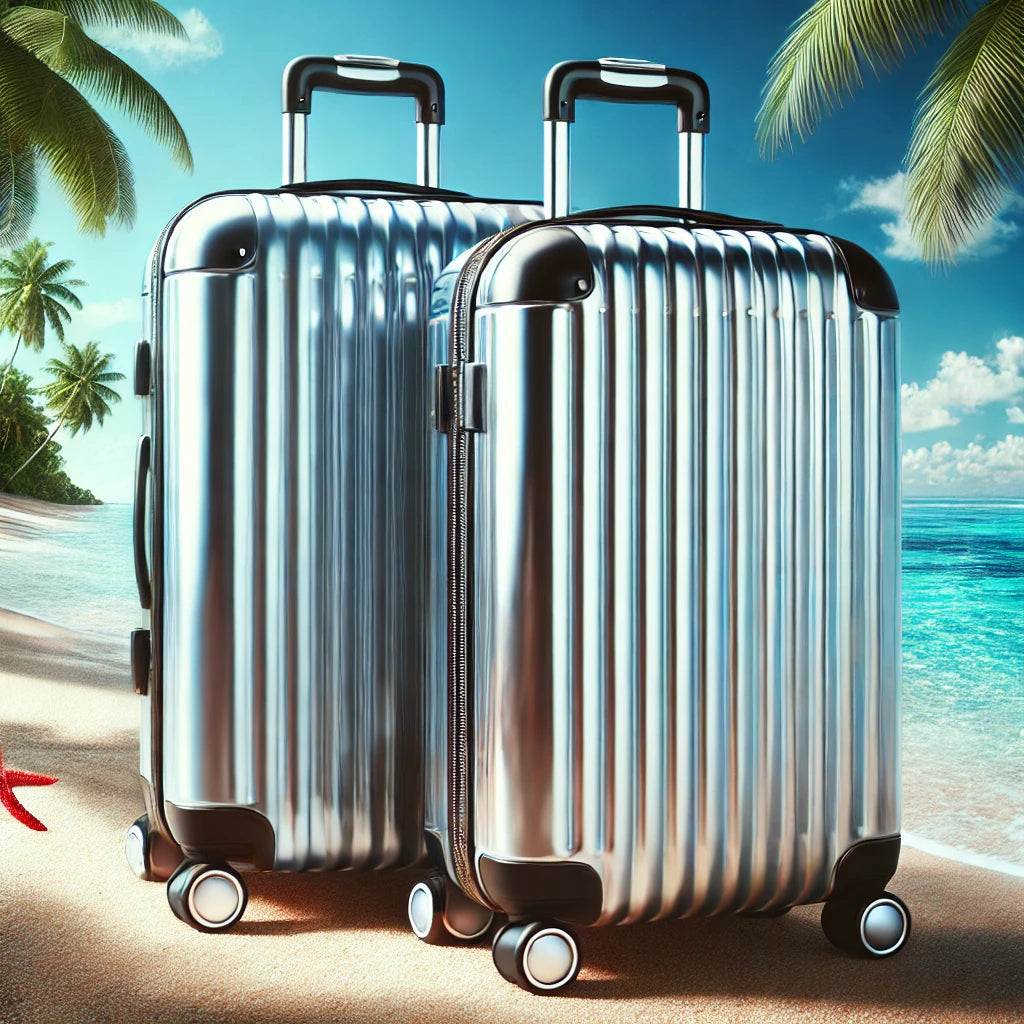 Two polished aluminum suitcases with silver finishes, set on a tropical beach with a clear blue sky and palm trees in the background. A vibrant and luxurious depiction of durable luggage for leisure and vacation travel