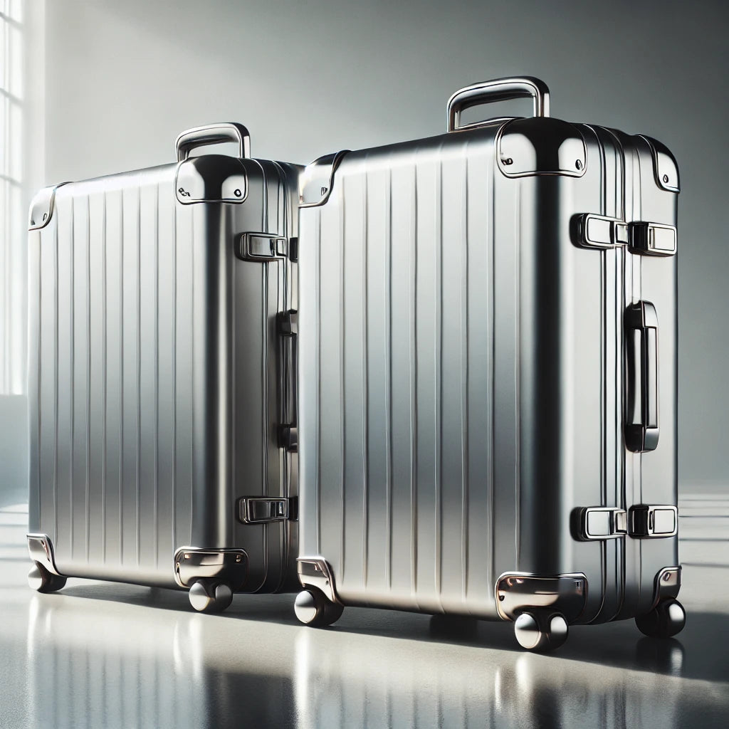 Two polished aluminum suitcases with reinforced corners and TSA-approved locks, placed on a minimalist, neutral-toned surface. The design emphasizes luxury, durability, and modern functionality, perfect for premium travel needs