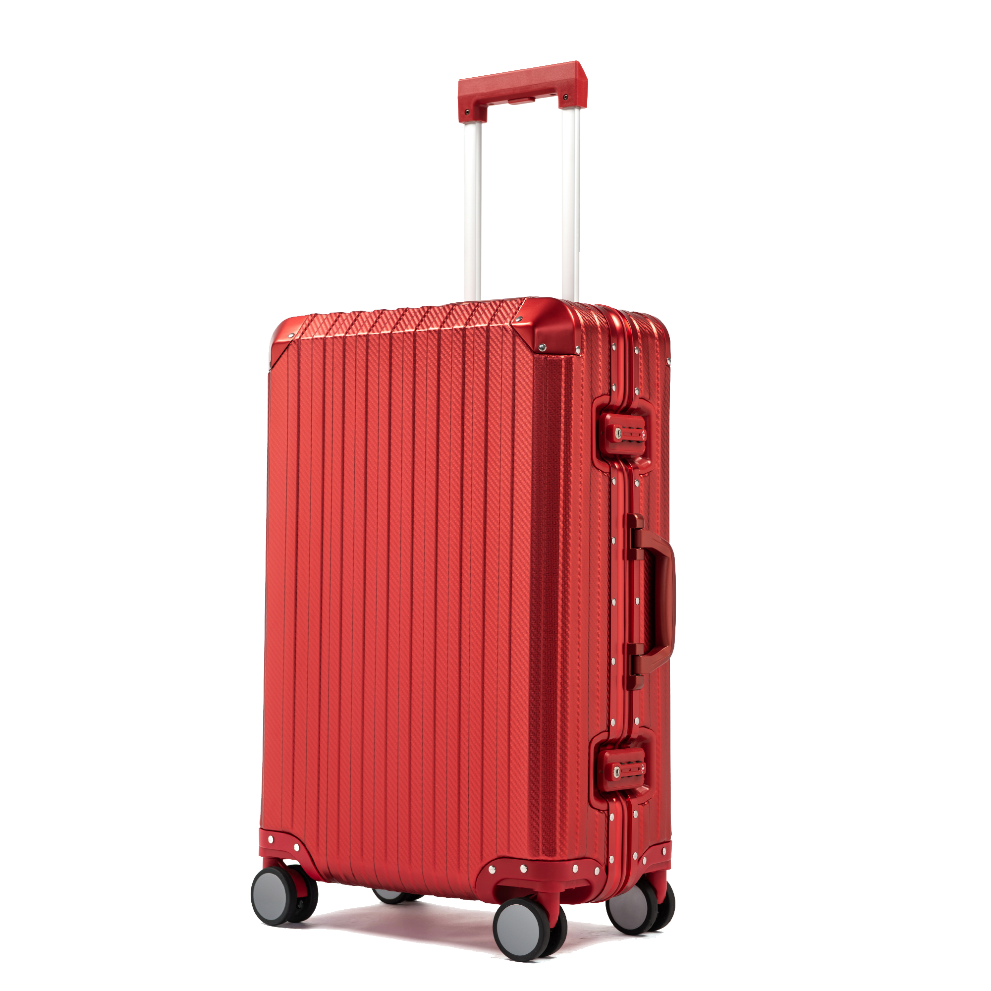Durable red aluminum suitcase for frequent flyers