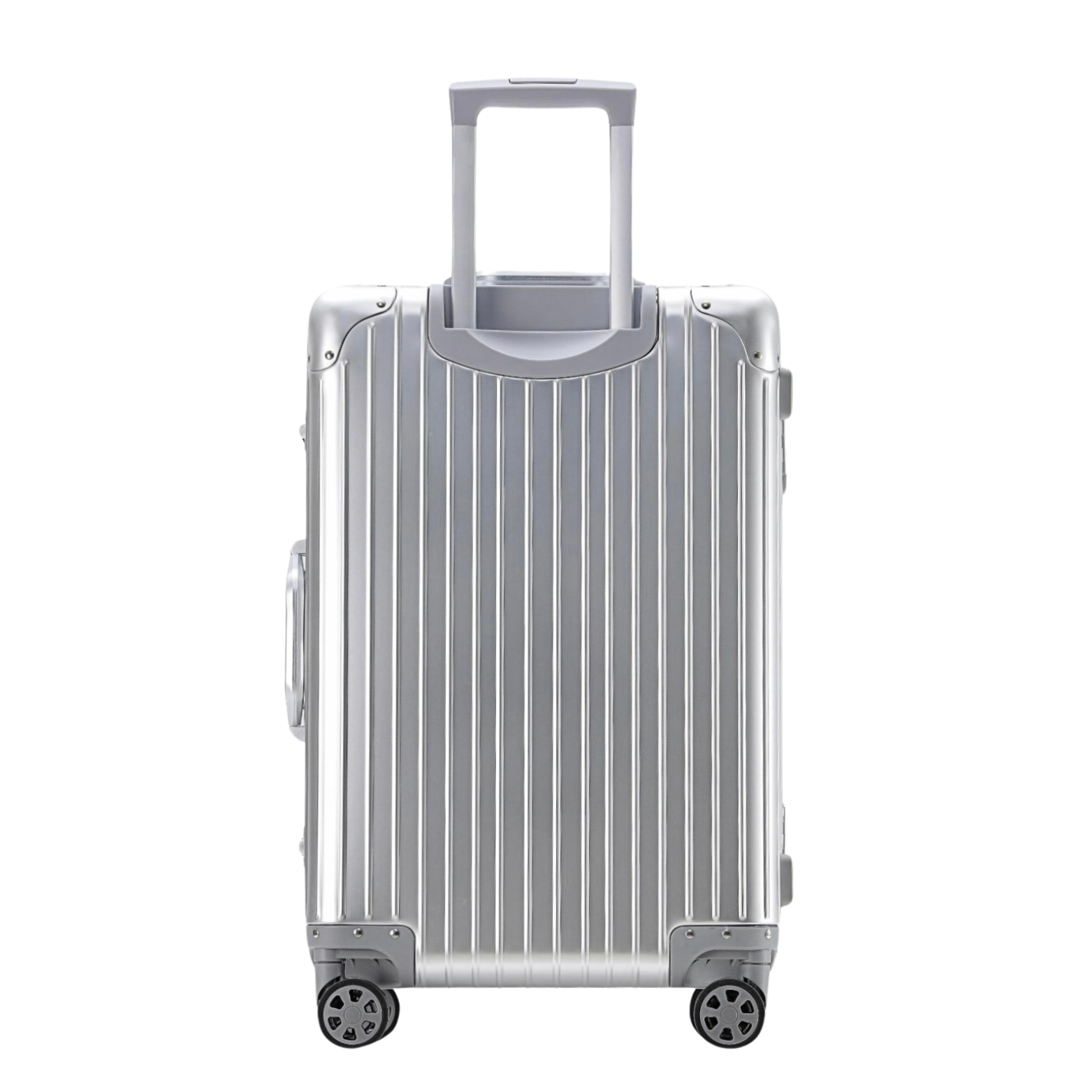 Lightweight silver aluminum suitcase with modern design