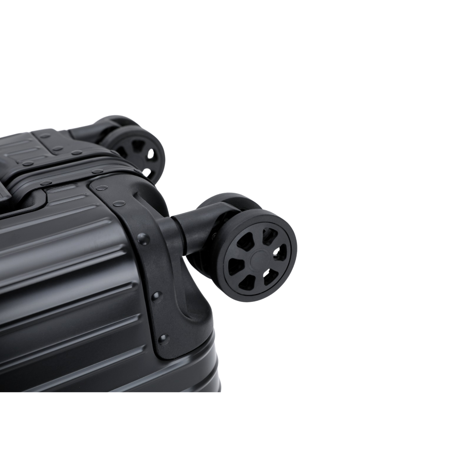 Robust black aluminum suitcase for adventure trips
